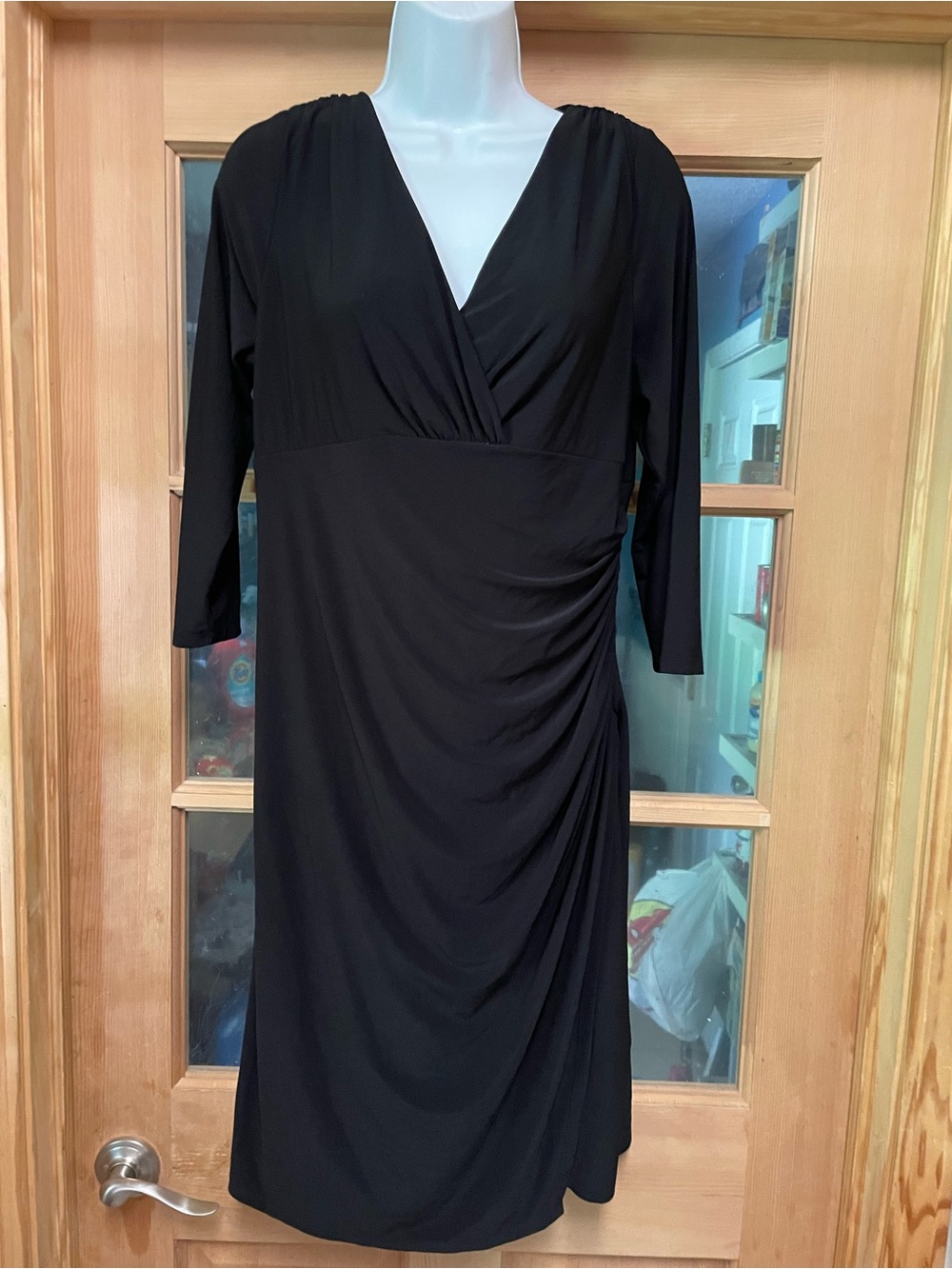 American Living Black V-Neck Long Sleeve Draped Dress
